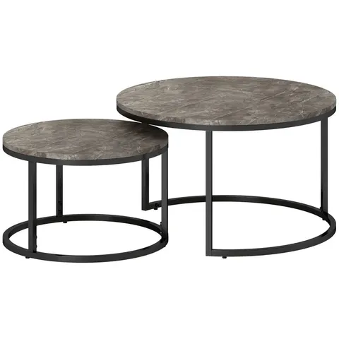 BOXED HOMCOM INDUSTRIAL NESTING COFFEE TABLE SET OF 2, ROUND COFFEE TABLES, LIVING ROOM TABLE WITH FAUX MARBLED TOP AND STEEL FRAME (1 BOX)