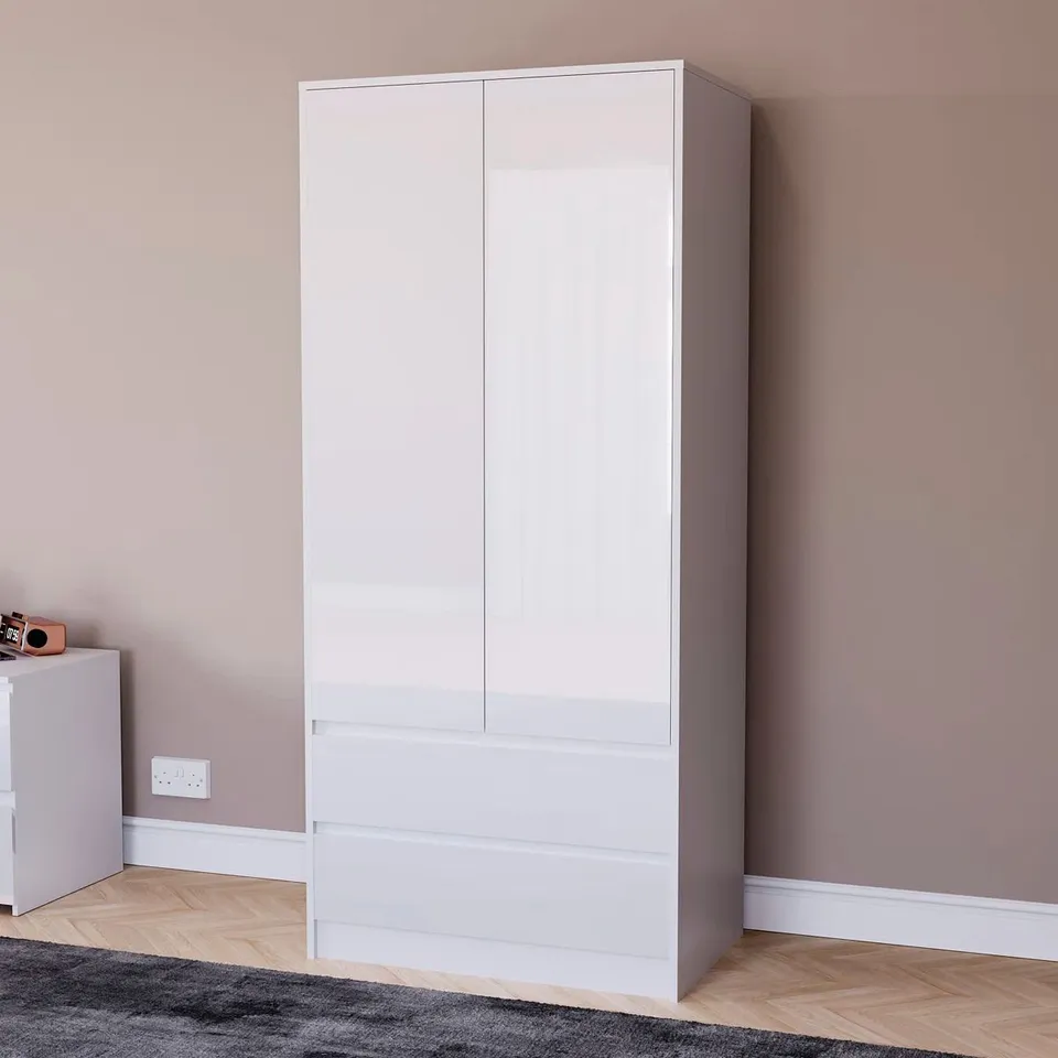 BOXED OSLO 2 DOOR 2 DRAWER HIGH GLOSS WARDROBE - WHITE (2 BOXES)