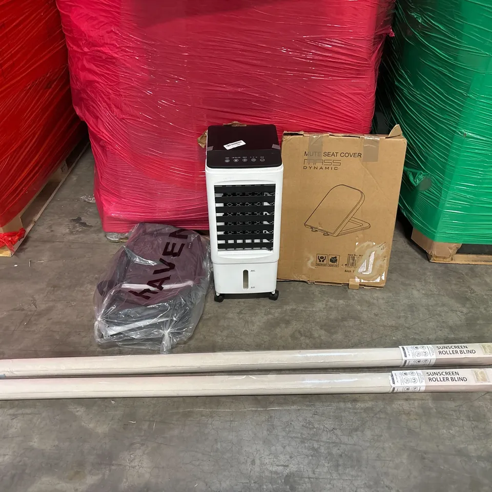 PALLET OF ASSORTED CONSUMER PRODUCTS TO INCLUDE: AIR COOLER, BACKPACK, ROLLER BLINDS, TOILET SEAT ECT