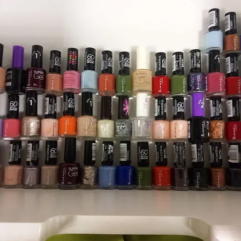 APPROXIMATELY 48 ASSORTED RIMMEL NAIL VARNISH/GELS