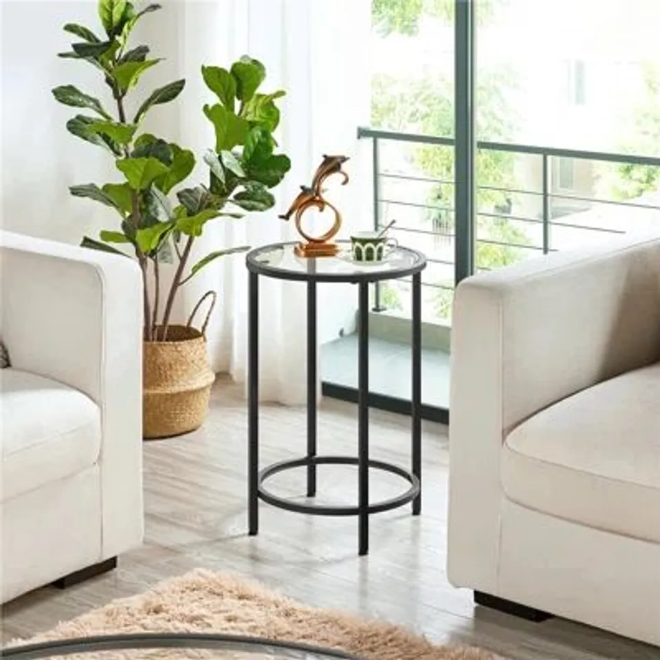BOXED ROUND SIDE TABLE WITH METAL FRAME AND GLASS TOP