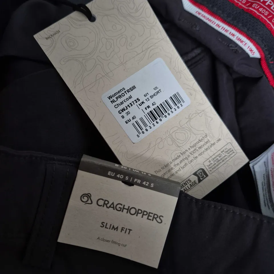 CRAGHOPPERS WOMEN'S SLIM FIT TROUSERS – CHARCOAL, UK 12 SHORT