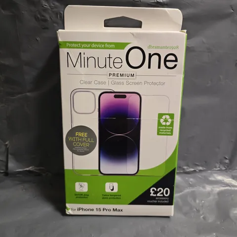 BOX OF APPROXIMATELY 60 ASSORTED MINUTE ONE IPHONE 15 PRO MAX CLEAR CASE & GLASS SCREEN PROTECTOR