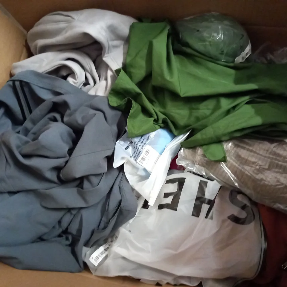 BOX OF ASSORTED CLOTHING ITEMS TOO INCLUDE JUMPERS, SHIRTS AND TROUSERS IN VARIOUS SIZES AND COLOURS   