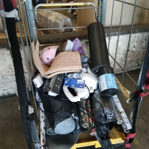 CAGE OF ASSORTED HOUSEHOLD GOODS AND PRODUCTS TO INCLUDE;BATH MAT,BIKE HELMET,GYM MATS, WRAPPING PAPER