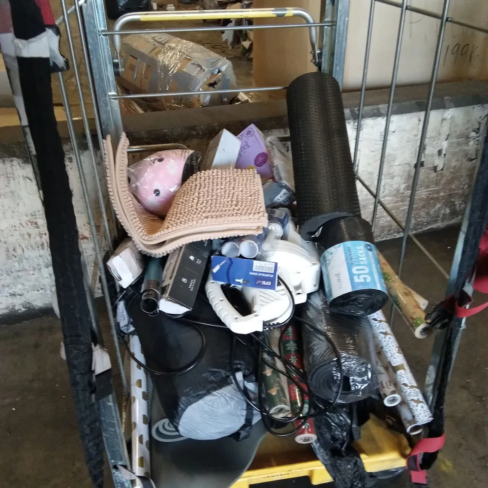 CAGE OF ASSORTED HOUSEHOLD GOODS AND PRODUCTS TO INCLUDE;BATH MAT,BIKE HELMET,GYM MATS, WRAPPING PAPER
