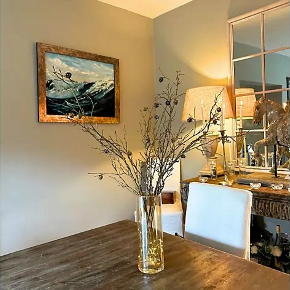 PEONY PINECONE BRANCHES IN A CYLINDER VASE WITH RICE LIGHTS