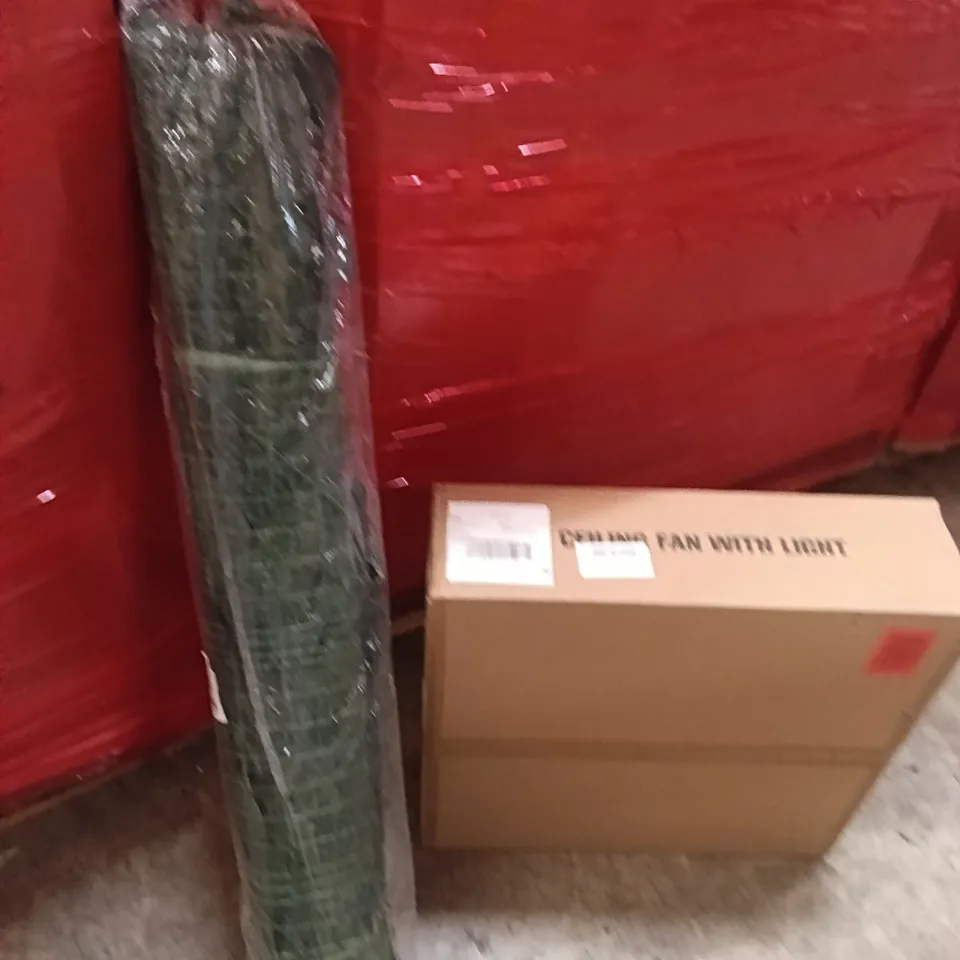 PALLET OF ASSORTED ITEMS INCLUDING - CEILING FAN WITH LIGHT , GREEN PLASTIC GUARD NET, WRAPPING PAPER
