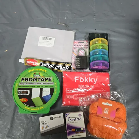 APPROXIMATELY 15 HOUSEHOLD ITEMS TO INCLUDE FROGTAPE, METAL POLISH, PADLOCK ETC