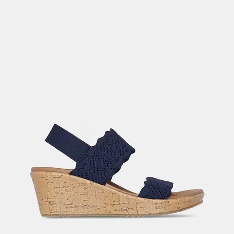 SKECHERS ARCH FIT BEVERLEE RAFFIA WEDGE SANDAL- NAVY SIZE 7