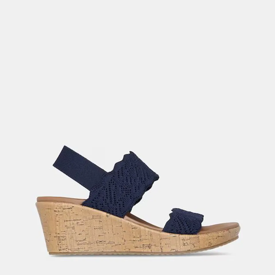 SKECHERS ARCH FIT BEVERLEE RAFFIA WEDGE SANDAL- NAVY SIZE 7