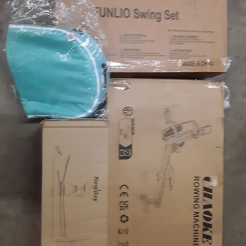 PALLET TO CONTAIN AN ASSORTMENT OF HOUSEHOLD ITEMS TO INCLUDE ROWING MACHINE, CEILING FAN, FUNLIO SWING SET AND BAGS ECT 