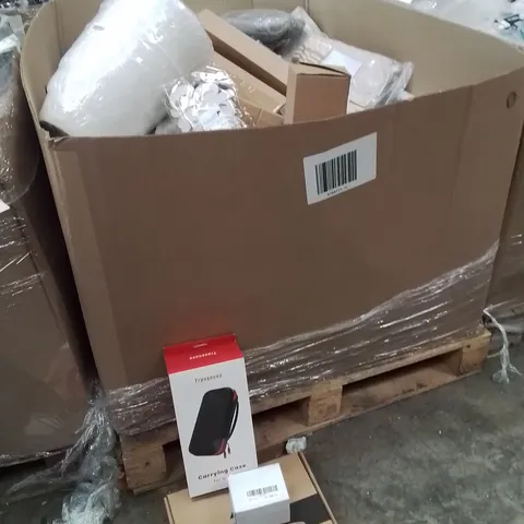 PALLET OF ASSORTED HOUSEHOLD GOODS AND PRODUCTS TO INCLUDE;TRAINERS,CARRYING CASE,POWER TOOL BATTERY 