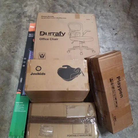 PALLET CONTAINING ASSORTED PRODUCTS INCLUDING AQUARIUM LED LIGHT, OFFICE CHAIR, CARBOOSTER SEAT, PORTABLE WARDROBE & PLAYPEN