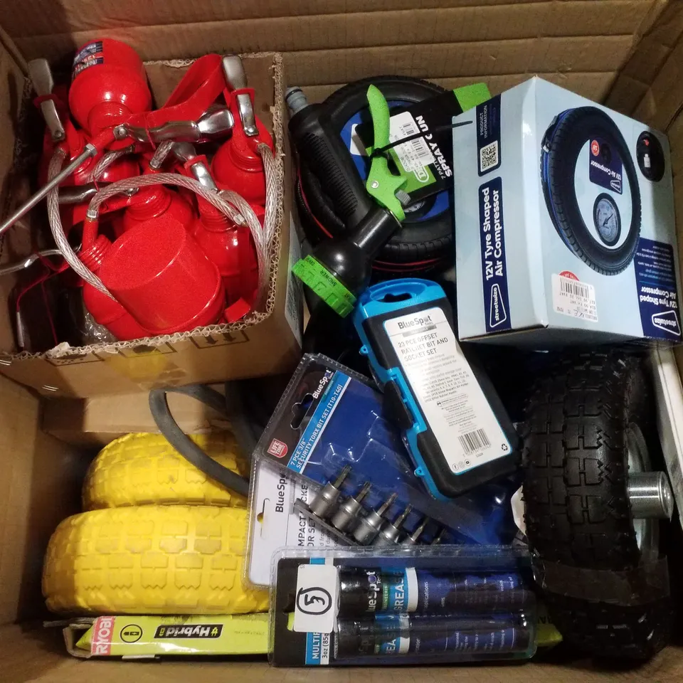 BOX CONTAINING ASSORTED ITEMS INCLUDING WHEELS, OIL CANS, AIR COMPRESSOR, SPRAY GUN