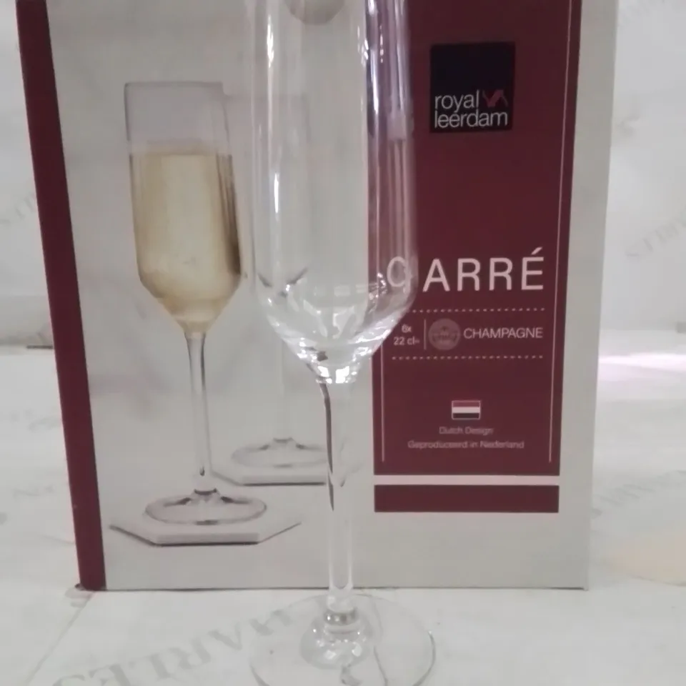 BOXED ROYAL LEERDAM CHAMPAGNE GLASSES APPROXIMATELY 6