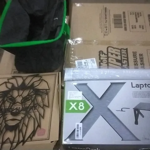 PALLET OF ASSORTED ITEMS INCLUDING WALL ART , STORAGE BAG , LAPTOP DESK , LED FLUORESCENT LIGHT