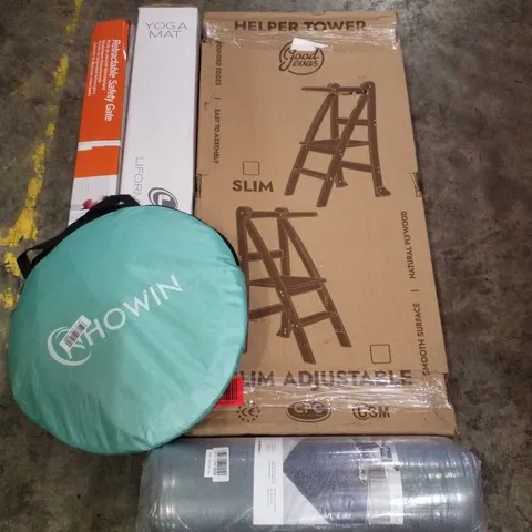 PALLET CONTAINING ASSORTED PRODUCTS INCLUDING YOGA MAT, POP UP TENT, RETRACTABLE SAFETY GATE, 200×290CM GREY RUG & HELPER TOWER
