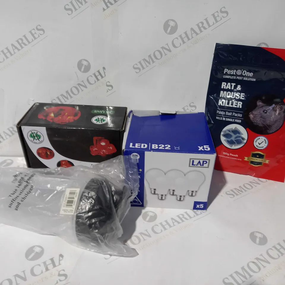 APPROXIMATELY 15 ASSORTED HOUSEHOLD ITEMS TO INCLUDE BAMBOO CHARCOAL, LED BULBS, RAT BAIT PACKS, ETC