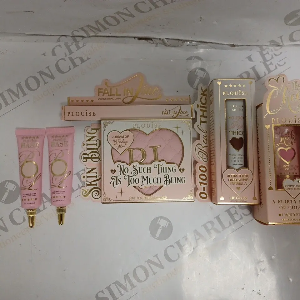 BOX OF APPROX 6 ASSORTED PLOUISE PRODUCTS TO INCLUDE DOUBLE ENDED LINER, ULTRA THICK HIGH SHINE FORMULA LIP GLOSS, COSMETIC BASE, ETC. 