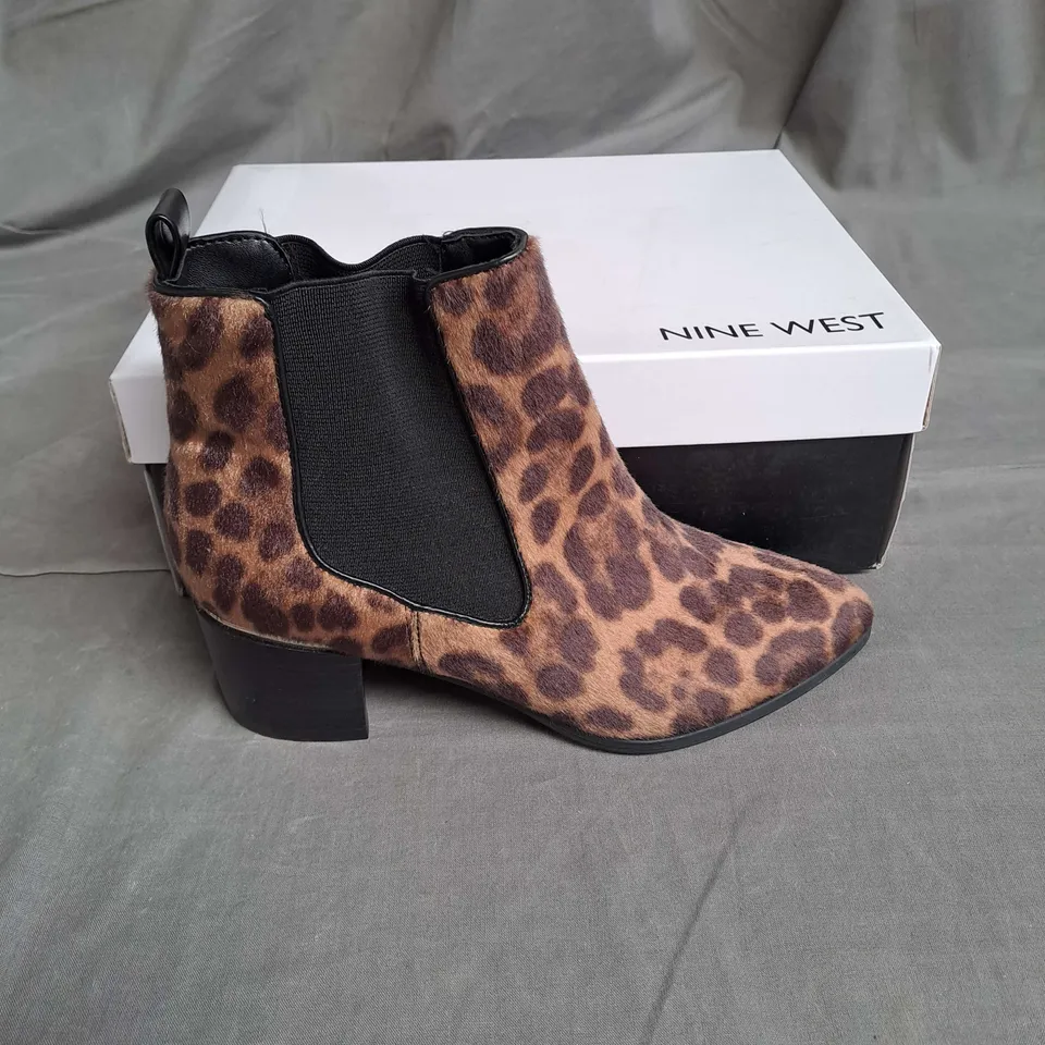 BOXED PAIR OF NINE WEST SYNTHETIC ANKLE BOOTS IN LEOPARD SIZE EU 35