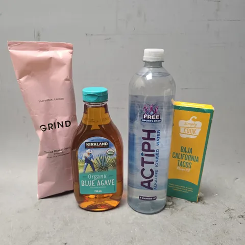 APPROXIMATELY 9 ASSORTED FOOD & DRINK ITEMS TO INCLUDE - GRIND HOME BLEND GROUND , ACTIPH WATER , ORGANIC BLUE AGAVE ETC