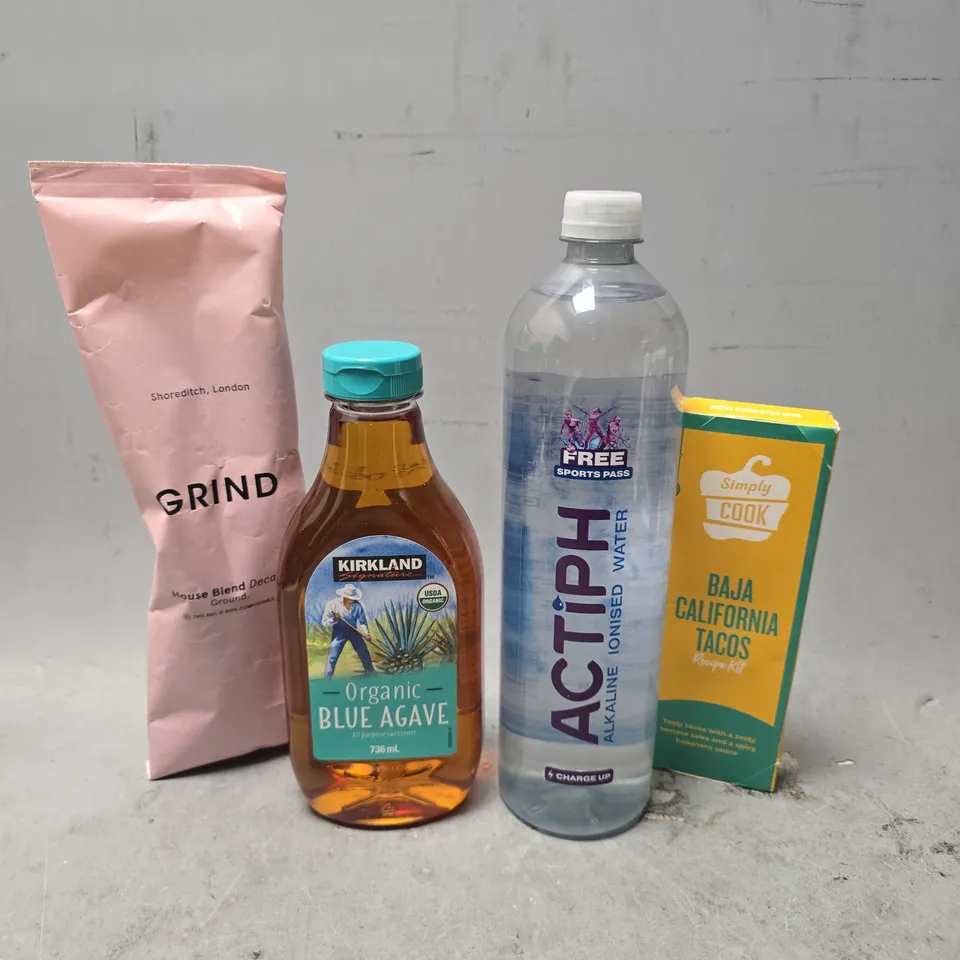APPROXIMATELY 9 ASSORTED FOOD & DRINK ITEMS TO INCLUDE - GRIND HOME BLEND GROUND , ACTIPH WATER , ORGANIC BLUE AGAVE ETC