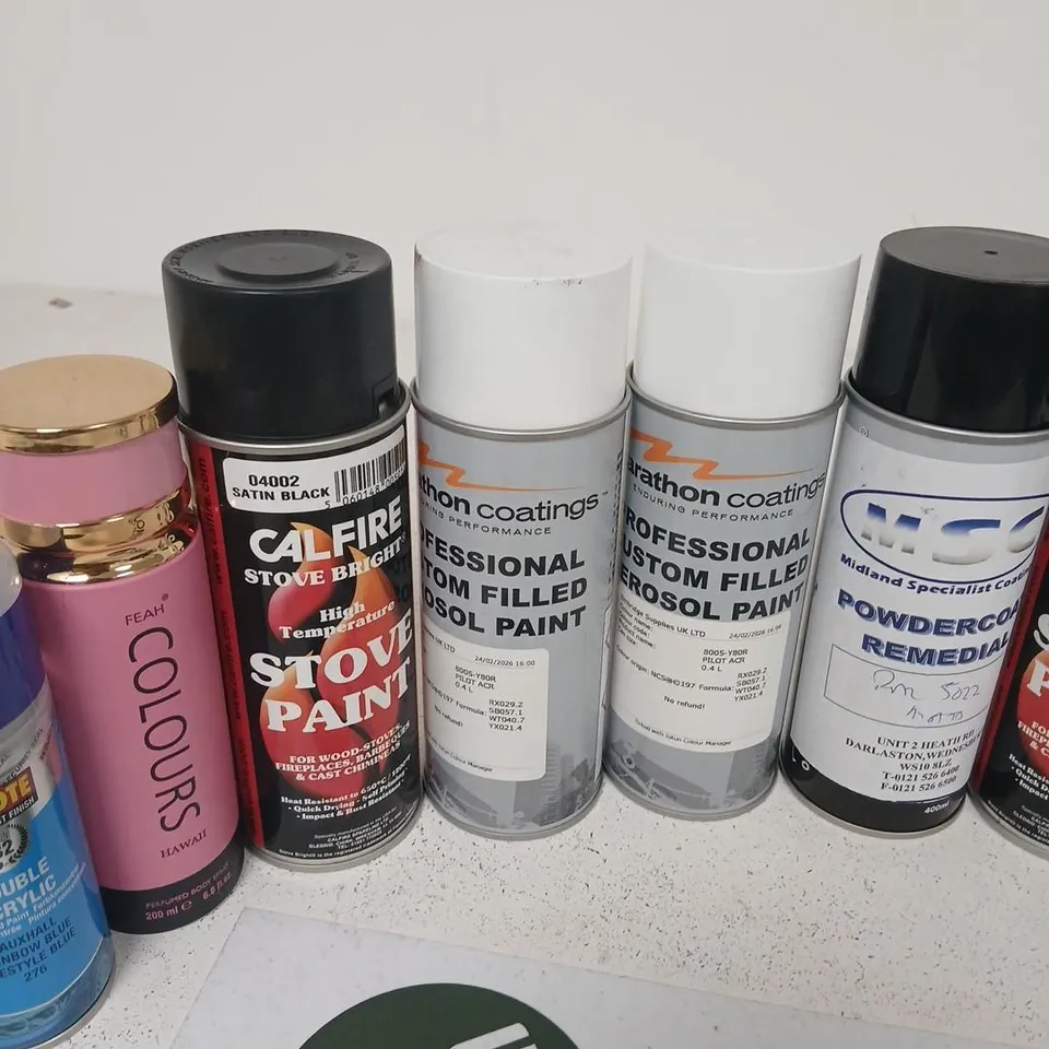 APPROXIMATELY 19 ASSORTED AEROSOL SPRAYS TO INCLUDE; ASSORTED AEROSOL SPRAYS – PAINTS, COATINGS & COSMETICS (MIXED LOT) INCLUDING CALFIRE, MARATHON, HYCOTE, DOVE, AVÈNE