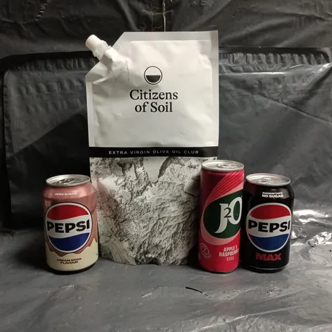 APPROXIMATELY 8 ASSORTED FOOD AND DRINK ITEMS TO INCLUDE EXTRA VIRGIN OLIVE OIL, PEPSI, J2O, ETC