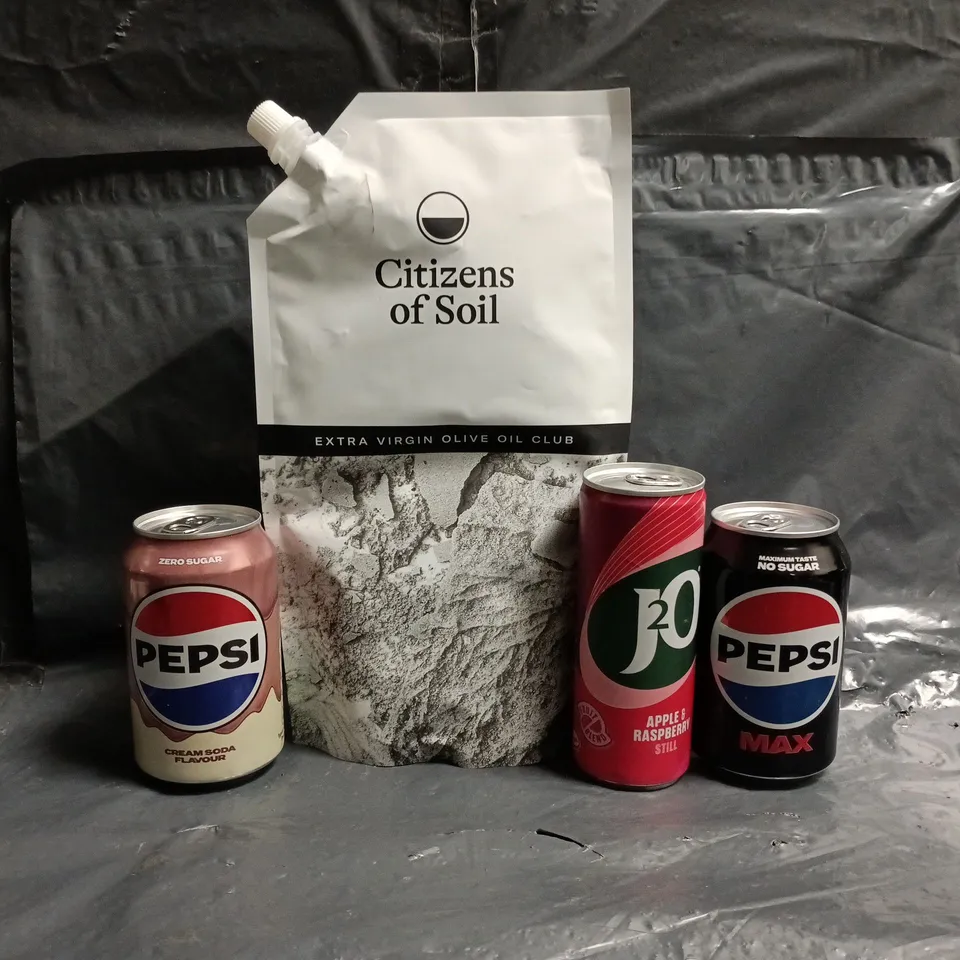 APPROXIMATELY 8 ASSORTED FOOD AND DRINK ITEMS TO INCLUDE EXTRA VIRGIN OLIVE OIL, PEPSI, J2O, ETC