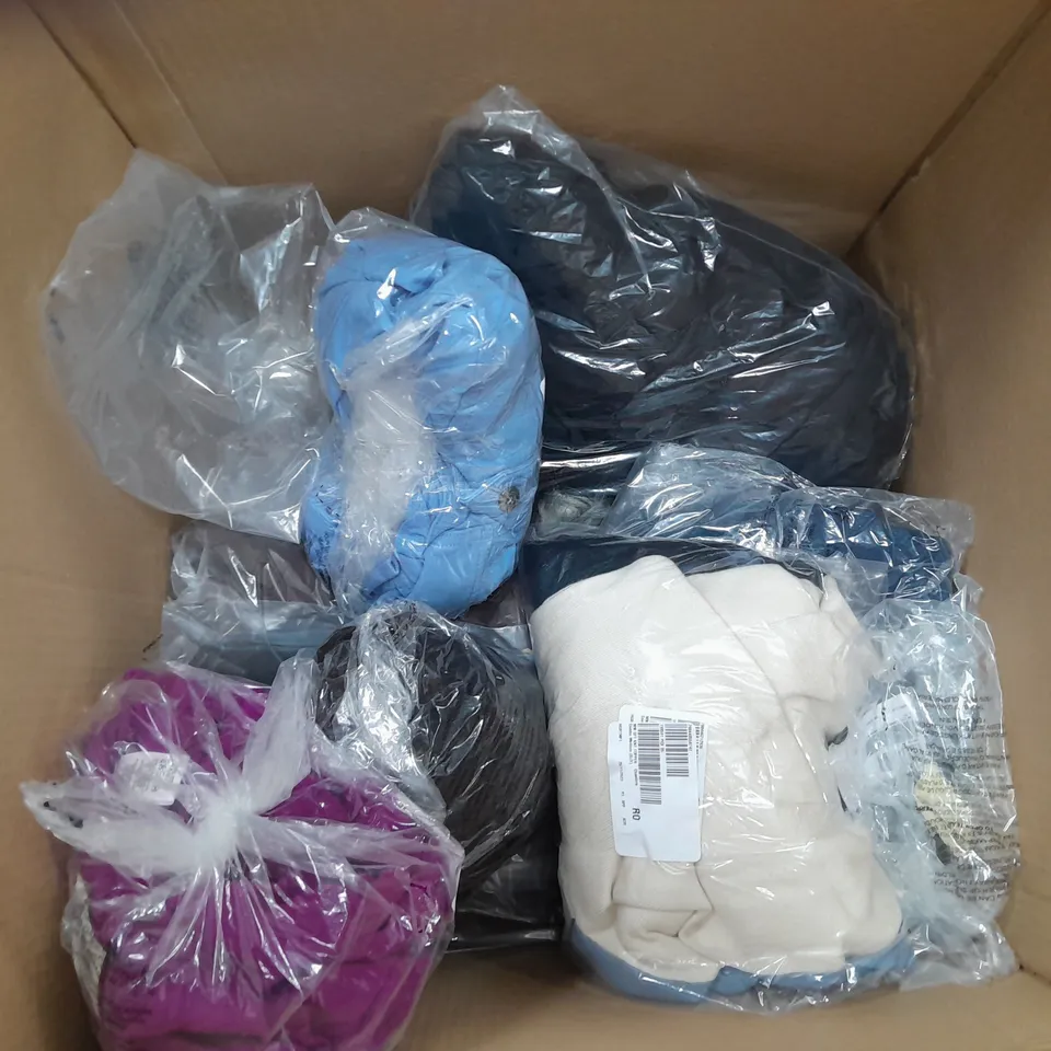 A BOX OF 10 VARIOUS ITEMS TO INCLUDE A PAIR OF WHITE JM JEANS A BLUE SOFT FURRY JUMPER AND GREEN FLOWERY THIN JACKET 