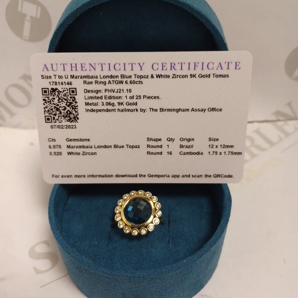 GEMPORIA MARAMBAIA LONDON BLUE TOPAZ & WHITE ZIRCON 9K GOLD TOMAS RAE RING
