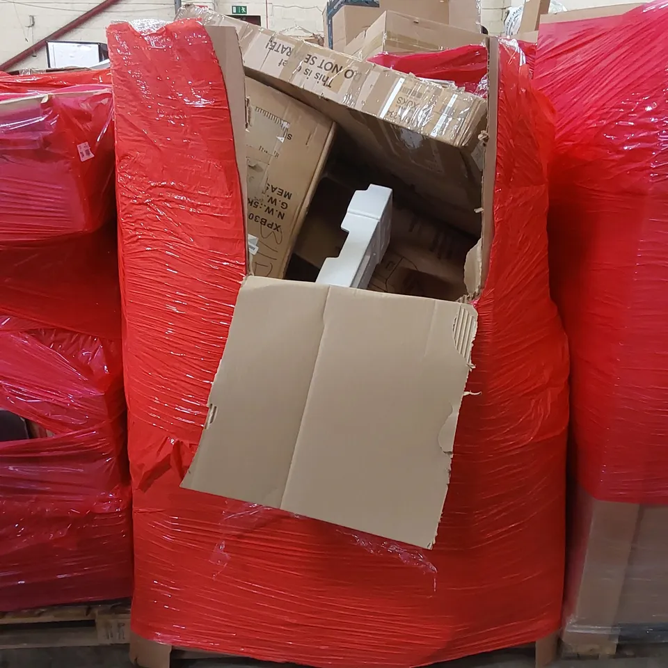 PALLET OF ASSORTED HOUSEHOLD ITEMS AND CONSUMER PRODUCTS. INCLUDING; PAPER SHREDDERS, VEGETABLE CHOPPERS, OIL FILLED RADIATOR, BOXED FURNITURE ETC 