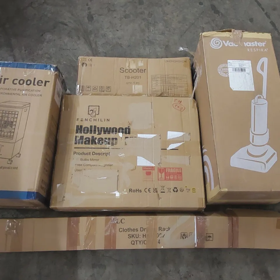 PALLET OF ASSORTED ITEMS INCLUDING HOLLYWOOD MAKEUP MIRROR, SCOOTER, VACMASTER, CLOTHES DRYING RACK, AIR COOLER
