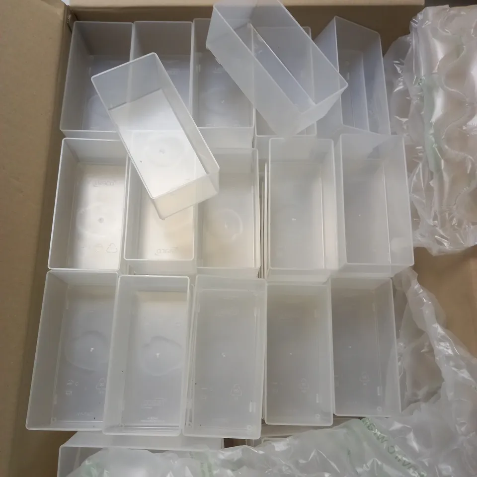 BOX OF LARGE QUANTITY OF RAACO PLASTIC STORAGE BOXES 