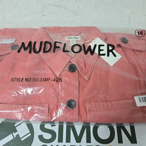 MUDFLOWER LONG SLEEVE BELTED DENIM JACKET, PINK - SIZE 16