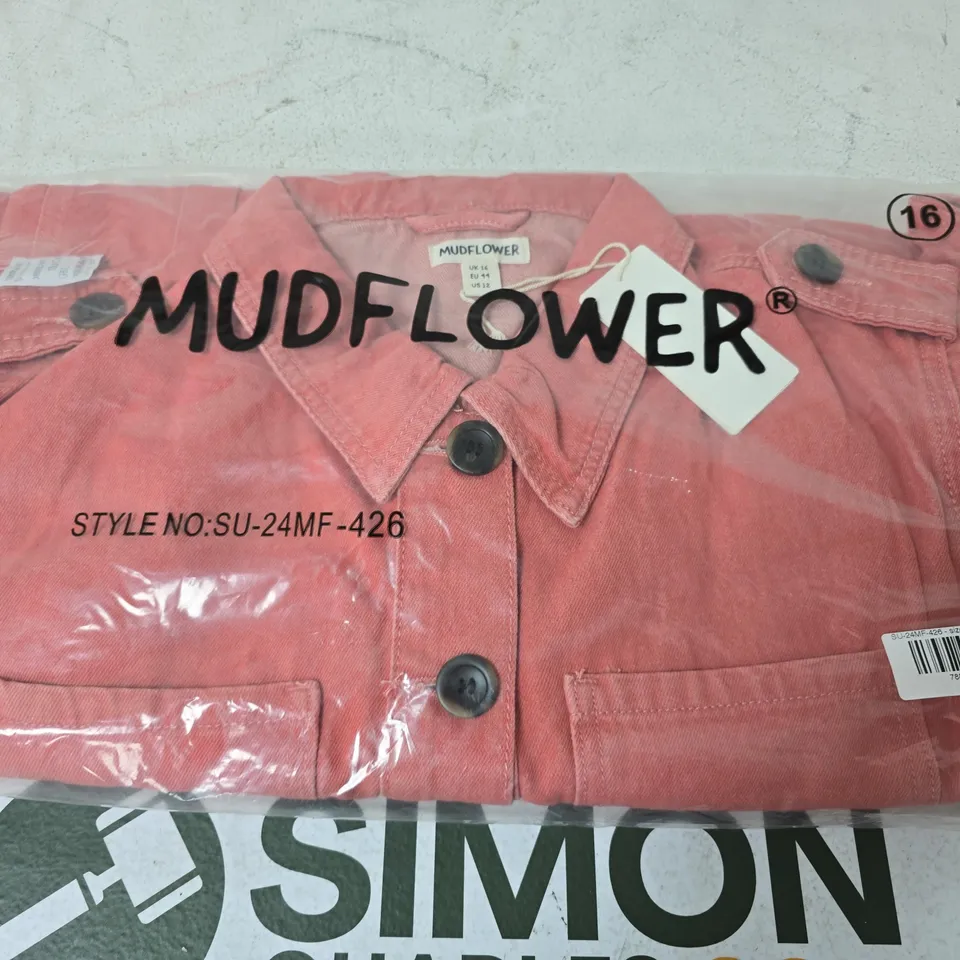MUDFLOWER LONG SLEEVE BELTED DENIM JACKET, PINK - SIZE 16