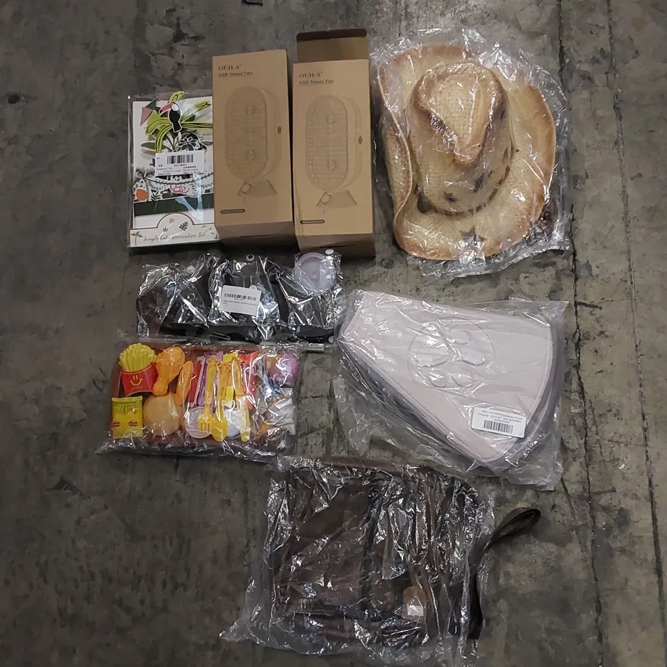 PALLET TO CONTAIN ASSORTED HOUSEHOLD ITEMS. INCLUDES COWBOY STYLE HAT, TOYS, DECORATIVE ITEMS, WOMEN'S BAGS, TOWER FANS ETC