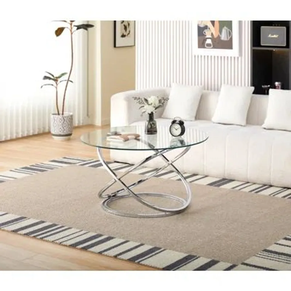 BOXED ROUND ABSTRACT TEMPERED CLASS COFFEE TABLE CHROME EFFECT FRAME 