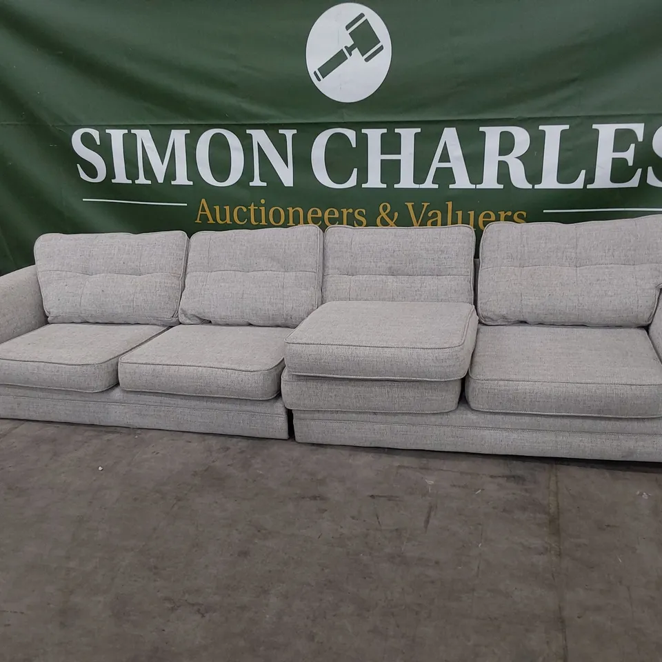 TWO DESIGNER THREE SEATER SECTIONS MAKING A LARGE SIX SEATER SOFA NATURAL FABRIC (PLUS SPARE SEAT CUSHION)