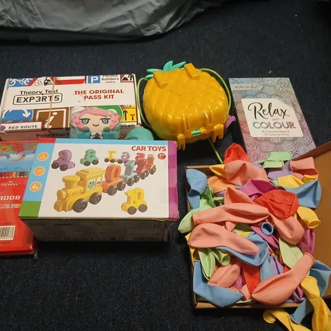 LARGE QUANTITY OF ASSORTED TOYS AND ACCESSORIES TO INCLUDE; RELAX WITH COLOUR, THEORY TEST THE ORIGINAL TEST KIT, CAR TOYS AND BALLOONS