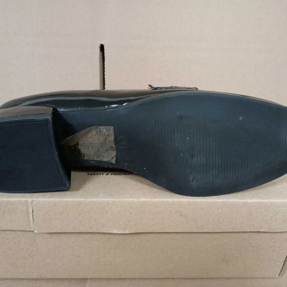 BOXED PAIR OF JO & JOE WOMEN'S NAVY PATENT LEATHER LOAFERS - UK SIZE 4