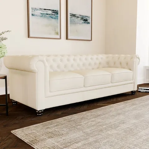 BOXED HAMPTON 3 SEATER CHESTERFIELD SOFA, IVORY PREMIUM FAUX LEATHER (1 BOX)