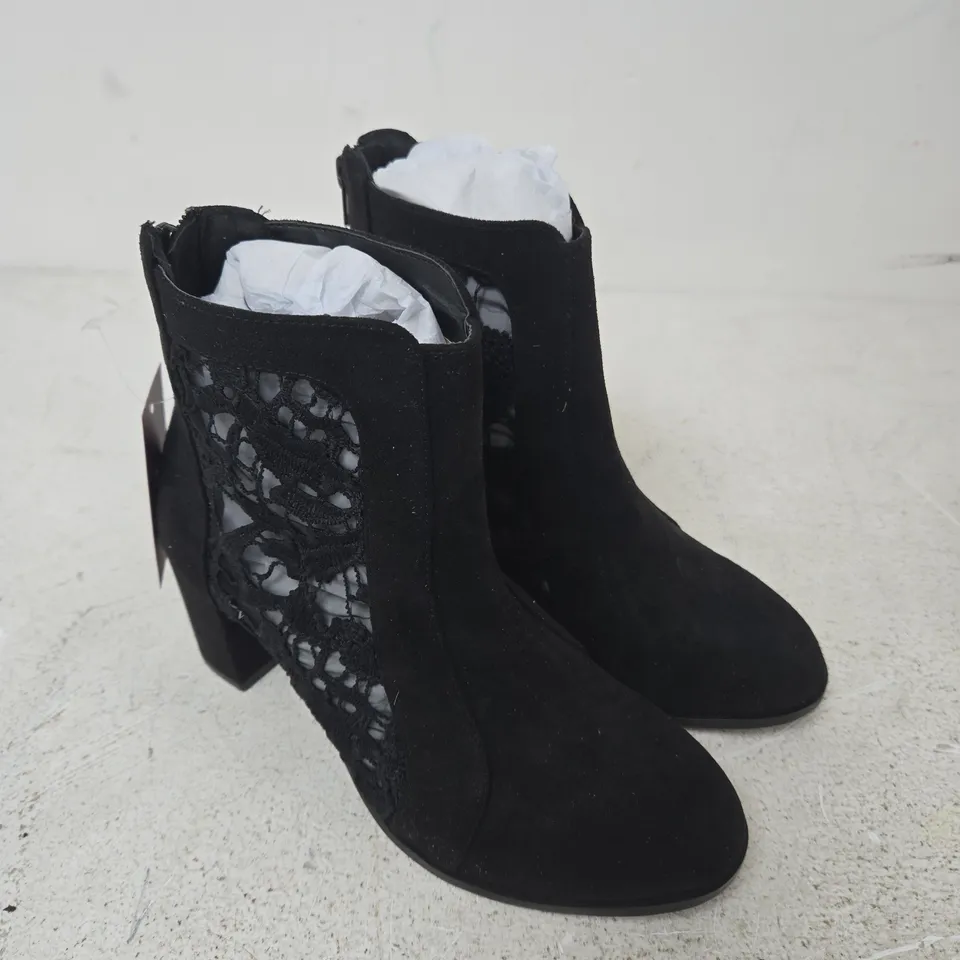 LASCANA BLACK LACE-DETAIL ANKLE BOOTS, UK 6
