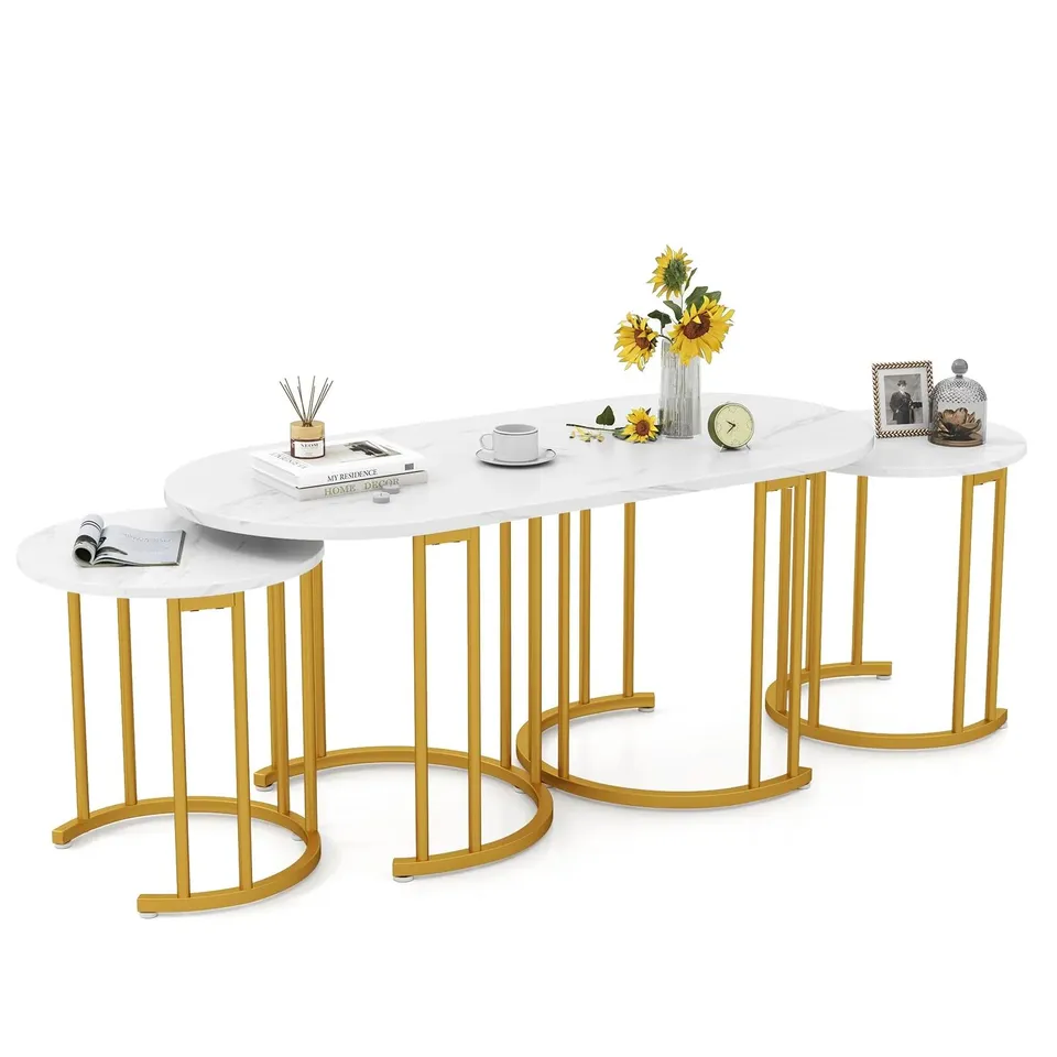 BOXED GIANTEX NESTING COFFEE TABLE SET OF 3, STACKING SIDE TABLES WITH FAUX MARBLE TABLETOP & GOLD METAL FRAME