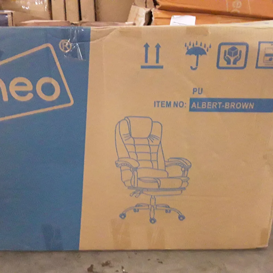 BOXED FAUX LEATHER UPHOLSTERED MASSAGE CHAIR IN BROWN (UNTESTED)