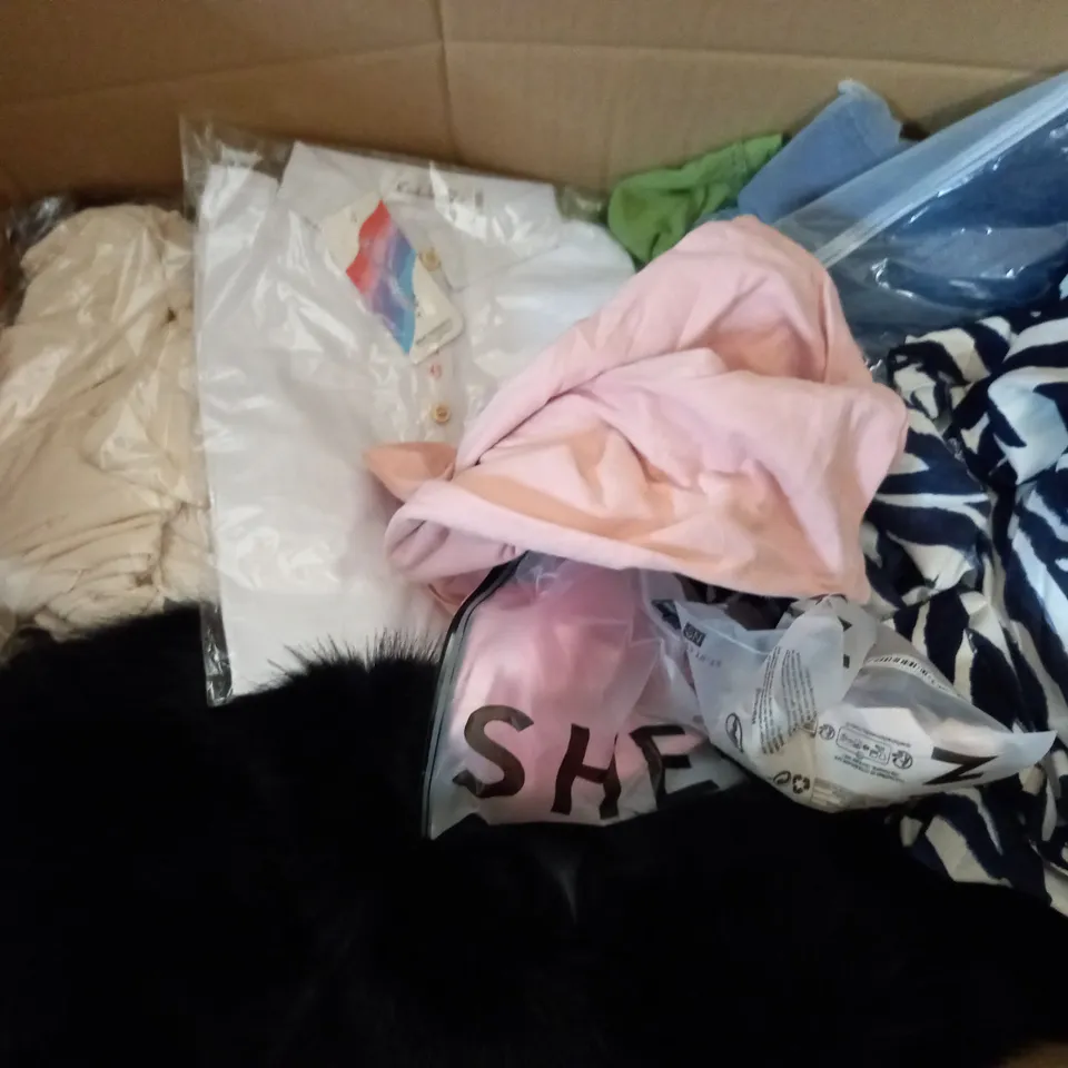 BOX OF ASSORTED CLOTHING ITEMS TOO INCLUDE DRESSES , SHIRTS AND TROUSERS IN VARIOUS SIZES AND COLOURS   
