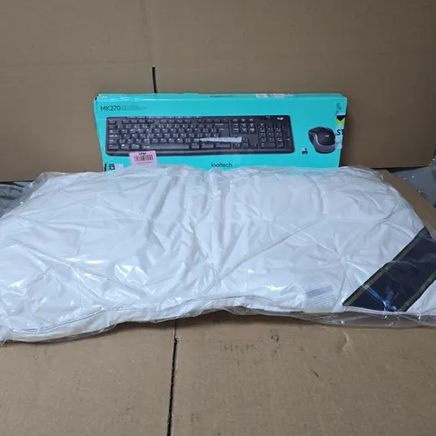 CAGE OF APPROXIMATELY 15 ASSORTED ITEMS TO INCLUDE PILLOW, LOGITECH KEYBOARD ETC