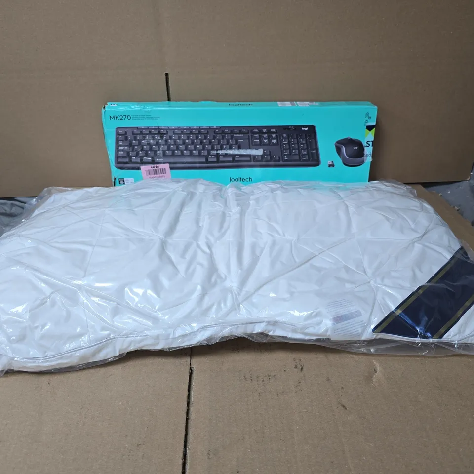 CAGE OF APPROXIMATELY 15 ASSORTED ITEMS TO INCLUDE PILLOW, LOGITECH KEYBOARD ETC