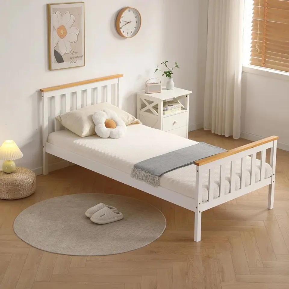 BOXED SHANE BED FRAME - WHITE/CARAMEL // SIZE: 3FT SINGLE (1 BOX)